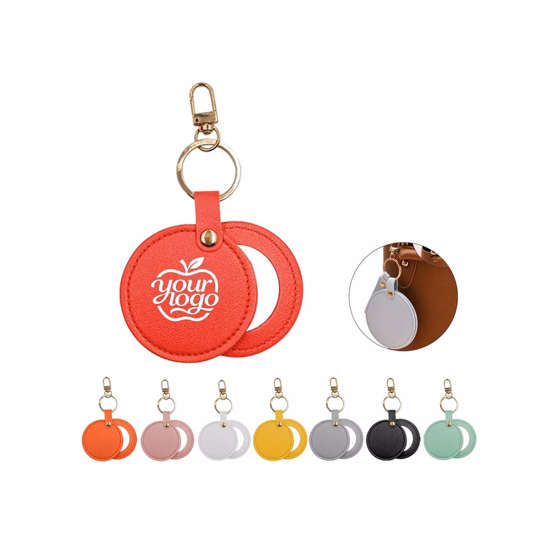 Round PU Leather Portable Cosmetic Mirror Keychain