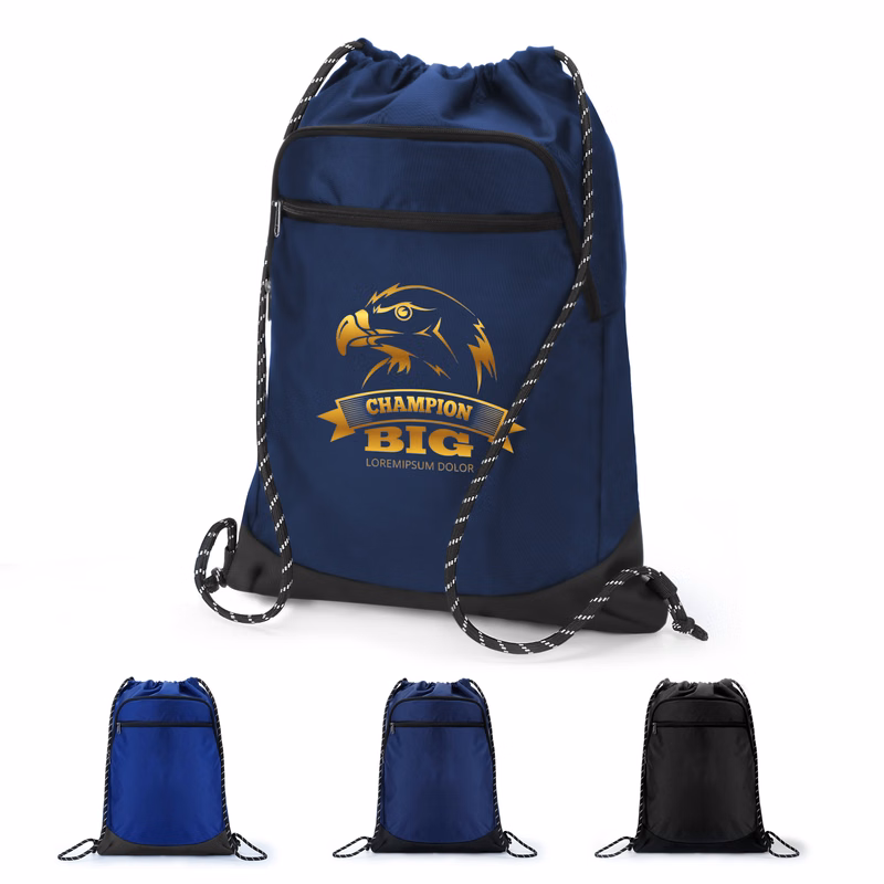 Water-Resistant Nylon Drawstring Backpack With Front Zipper Pocket