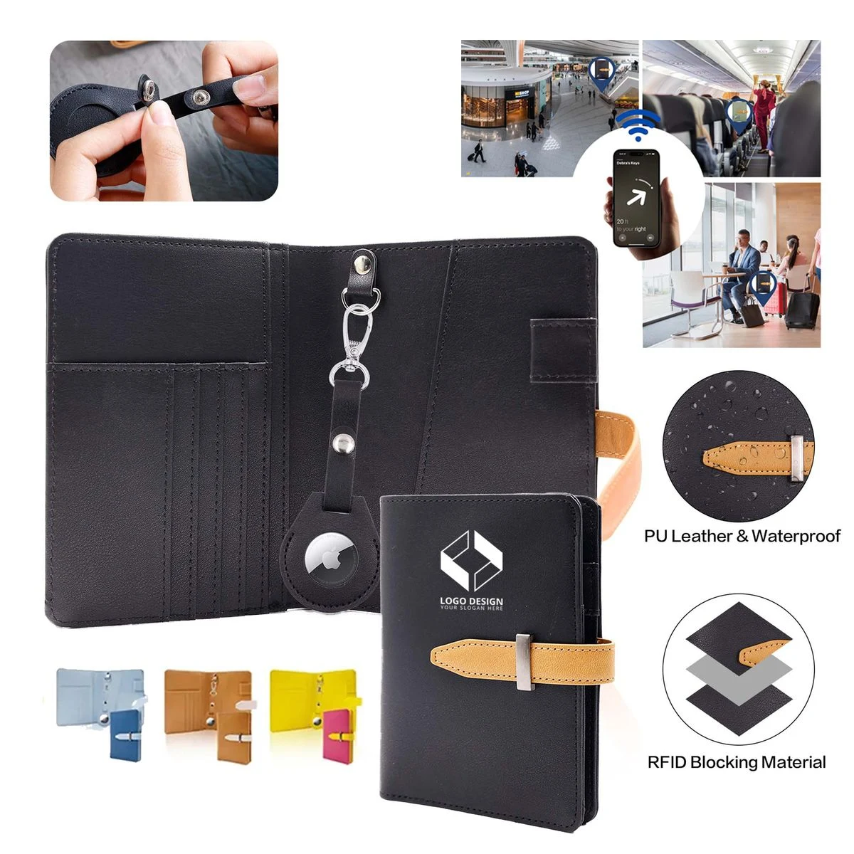 Passport Holder With Tracker Slot RFID Blocking For Travel, custom luggage with logo imprint 1