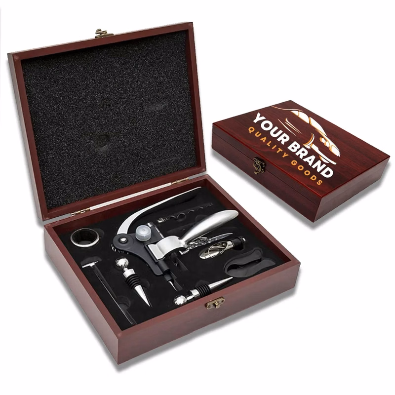 Elegant 9 Piece Set In Rosewood Box Wine Accessory Tool Kit
