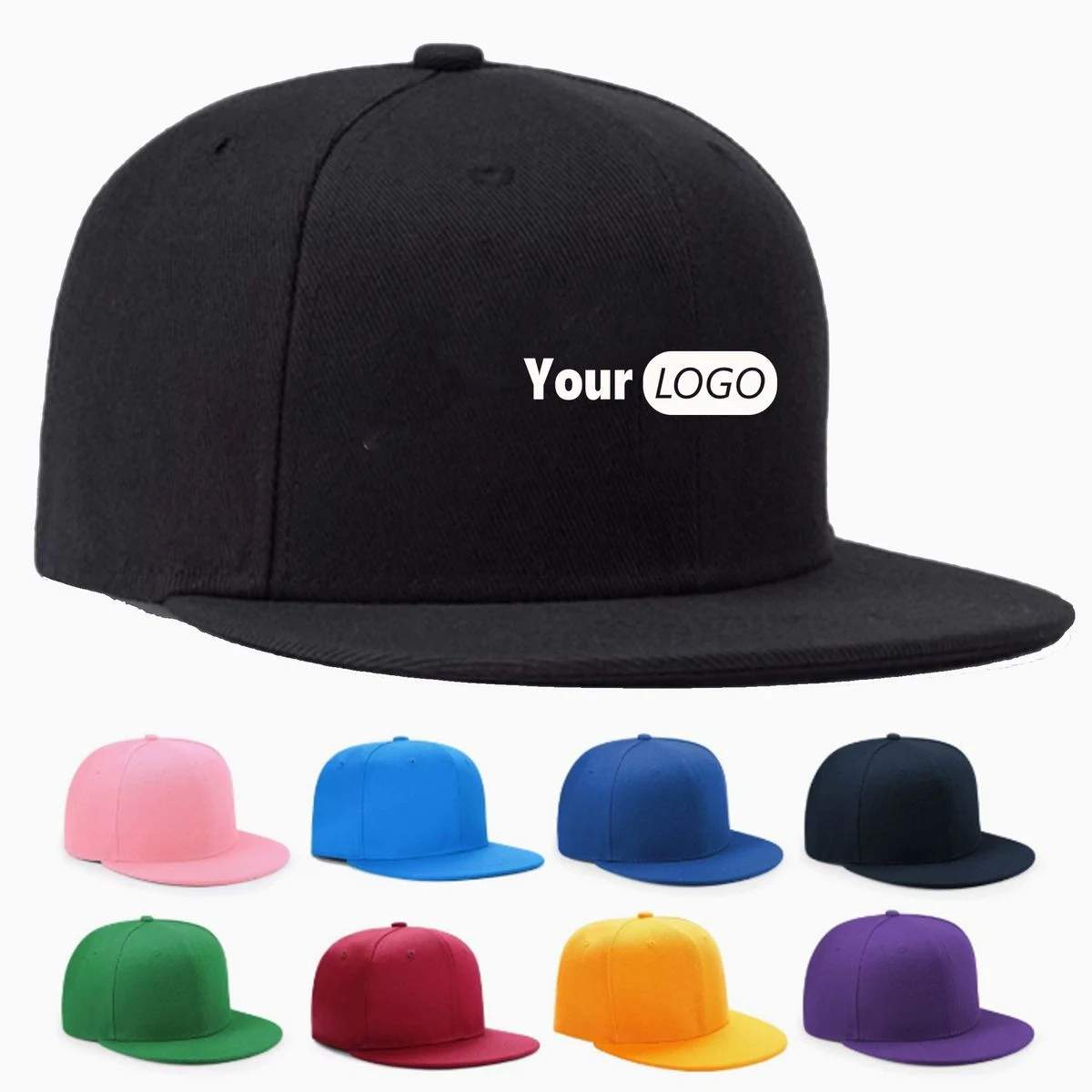 Solid Flat Brim Snapback Hat Custom Embroidery Logo 1