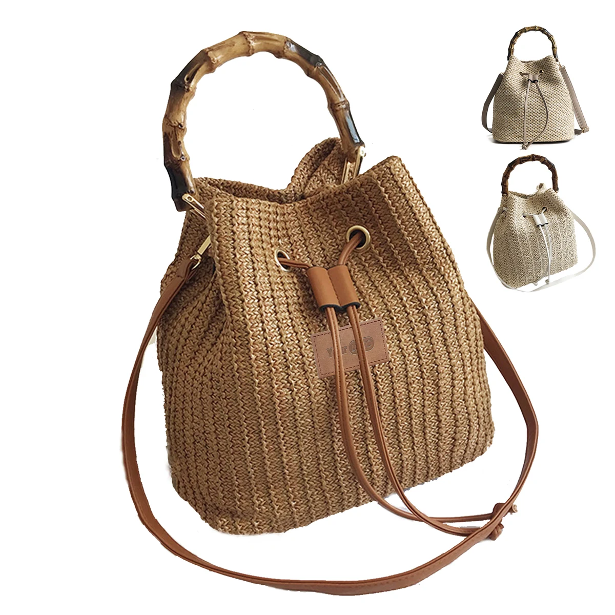 Jute Crossbody Bucket Handbags Hobo Purse Bamboo Handle 1