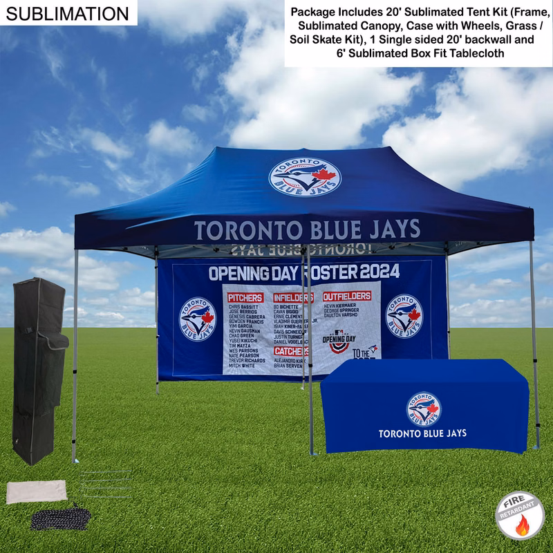 Deluxe Event Package, 20' Sublimated Tent kit, Single sided 20' backwall, and 6' Box Fit Tablecloth