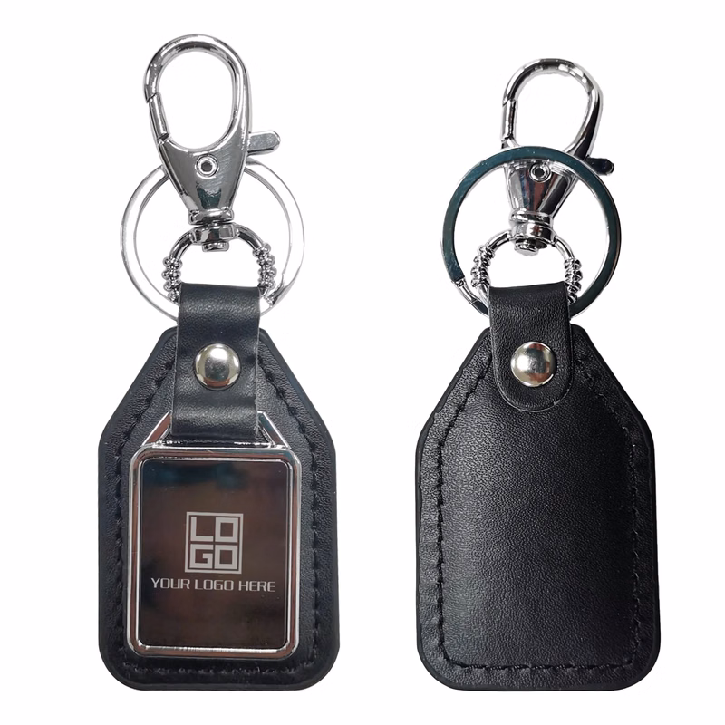 Black Leather Key Chain With Metal Tab