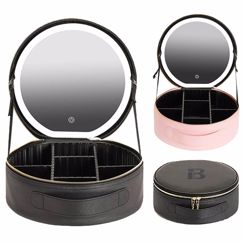 Large Round Travel Makeup Bag Cosmetic Case w/ LED Mirror