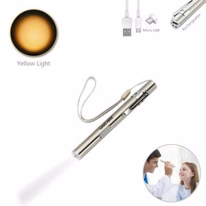 Stainless Steel LED Flashlight With Rechargeable Battery And Yellow Light