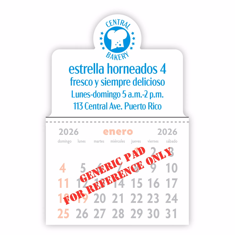 Designer Shaped Kwik-Stik 6 mil smooth white Vinyl Spanish Calendar w/ Center Circle Top