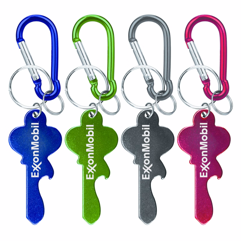 Key shape bottle opener with key ring and carabiner