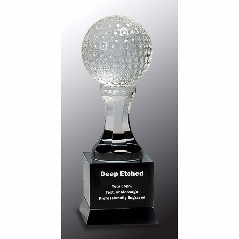 9" Crystal Golf Ball on Black Pedestal Base Crystal Award