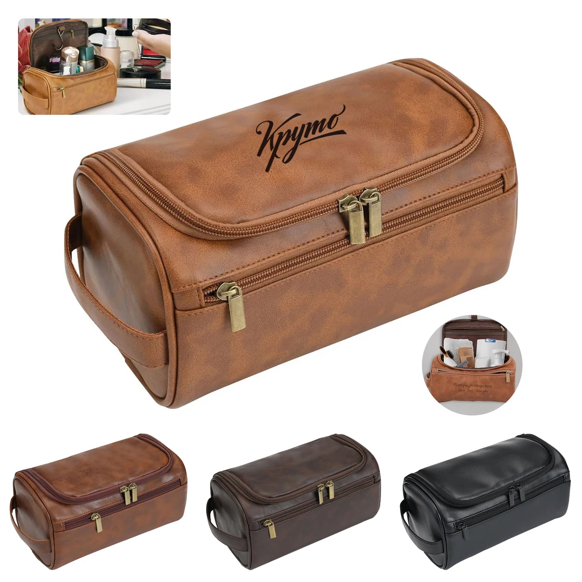 Personalized Leather Toiletry Bag with Hook 1