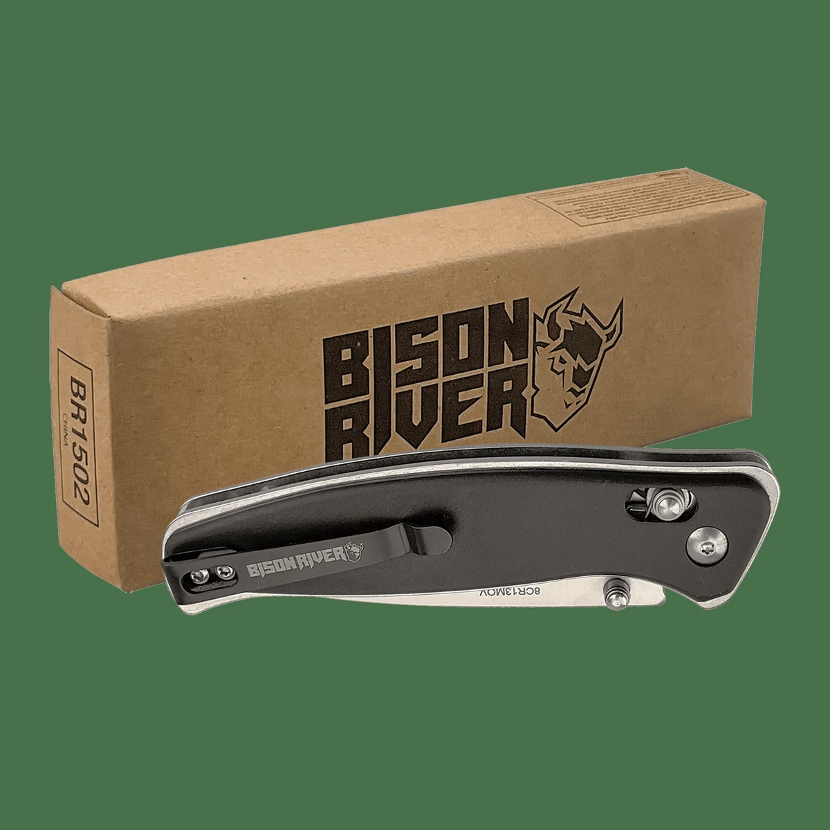 Bison River 4 1/2" Black Button Lock Folding Knife with Clip 1