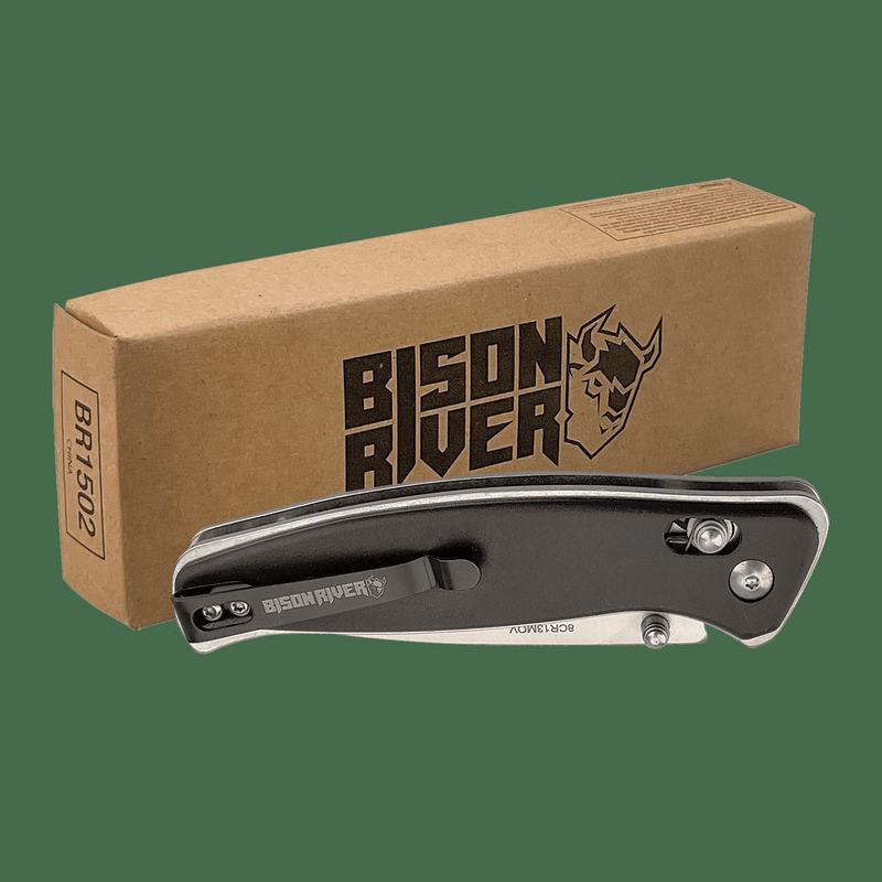 Bison River 4 1/2" Black Button Lock Folding Knife with Clip