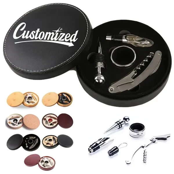 Custom Stainless Steel 4-Piece Wine Set in Leather Case — Corkscrew Opener Stopper Pourer 1