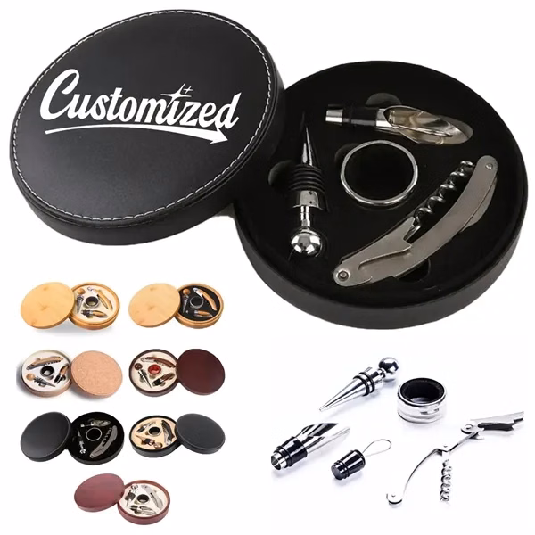 Custom Stainless Steel 4-Piece Wine Set in Leather Case — Corkscrew Opener Stopper Pourer