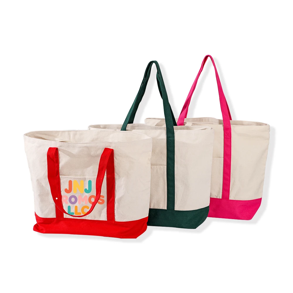 12 oz. Cotton Canvas Boat Tote Bags Front Pocket, Color Contrasting Handle W/ Gusset, custom tote bag with logo imprint 1