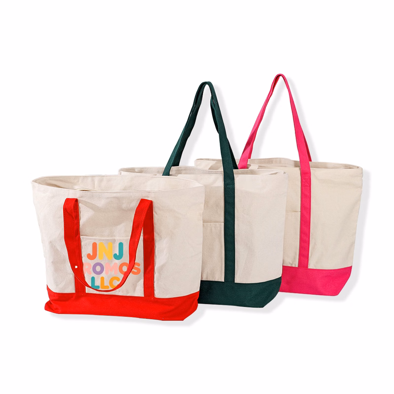 12 oz. Cotton Canvas Boat Tote Bags Front Pocket, Color Contrasting Handle W/ Gusset
