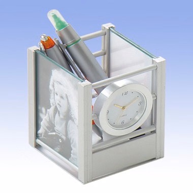 Aluminum Clock w/ Pen Holder and Photo Frames