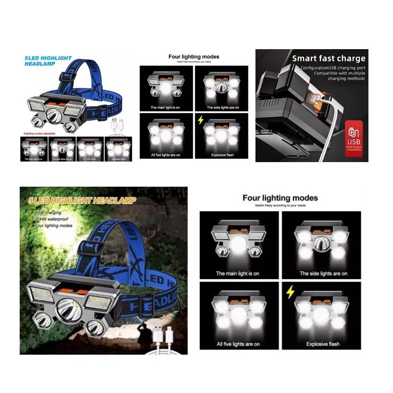 LED Headlamp USB Rechargeable Flashlight 5 Heads 1