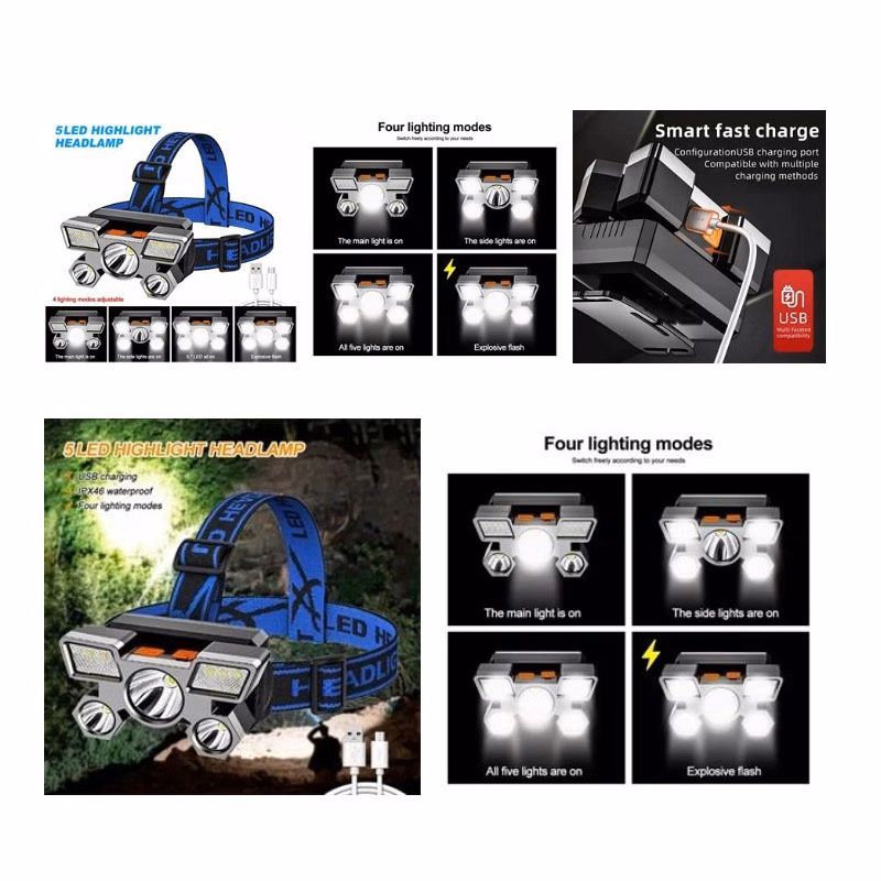 LED Headlamp USB Rechargeable Flashlight 5 Heads