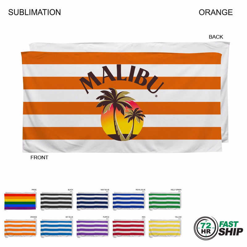 72Hr Fast Ship - Cabana Stripe Sublimated, Heaviest Weight, Plush Velour Terry Beach Towel, 30x60