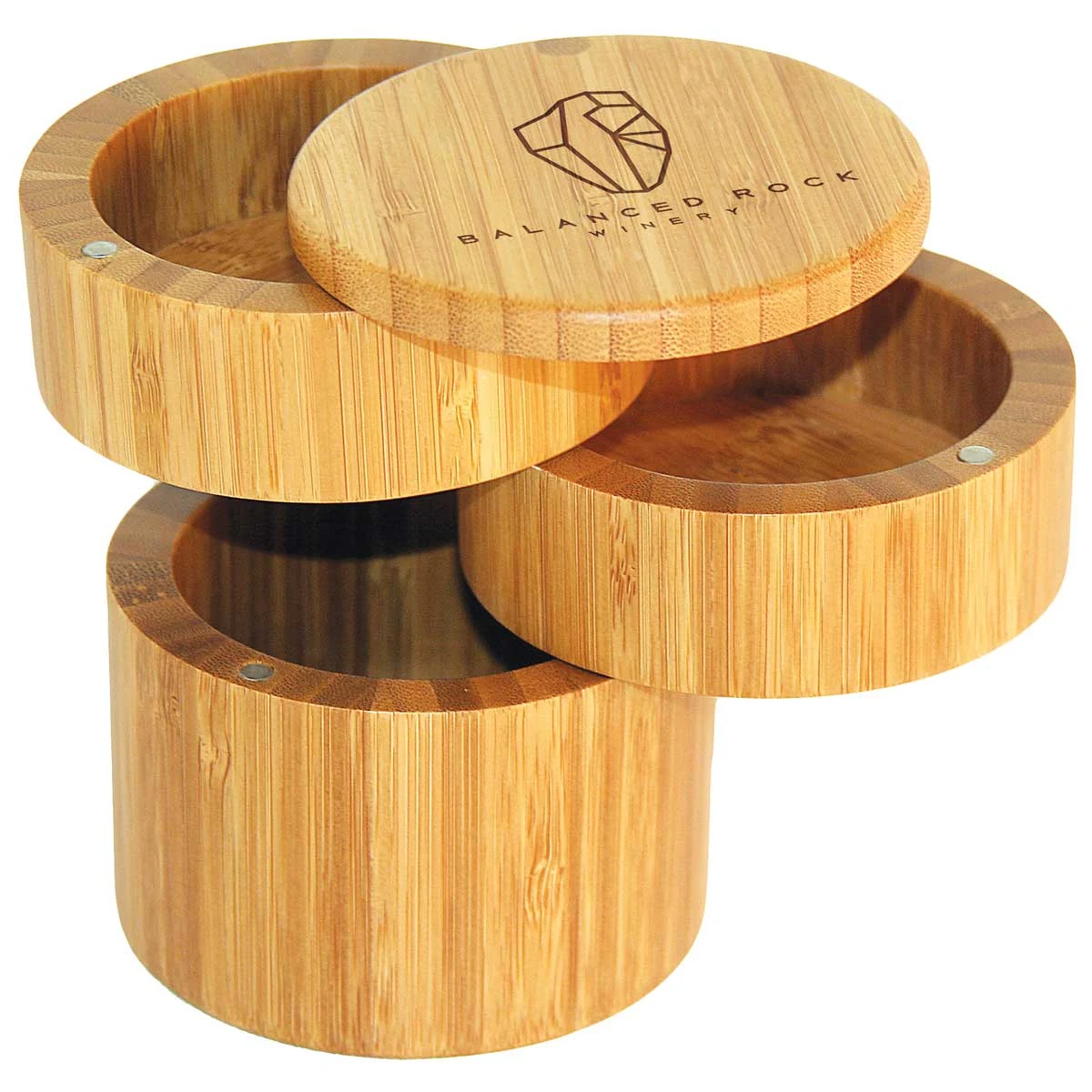 Tiered Triple Bamboo Salt Box with Magnetic Swivel Lids 1