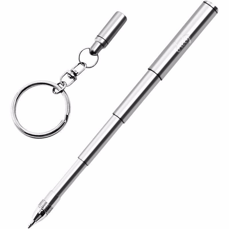 Retractable Stainless Steel Pen w/ Keychain