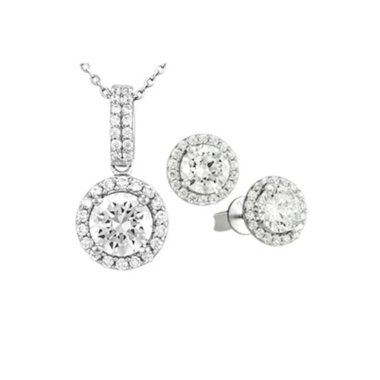 Antwerp Beautiful Sterling Silver CZ Round Halo Earrings and Necklace Set 1