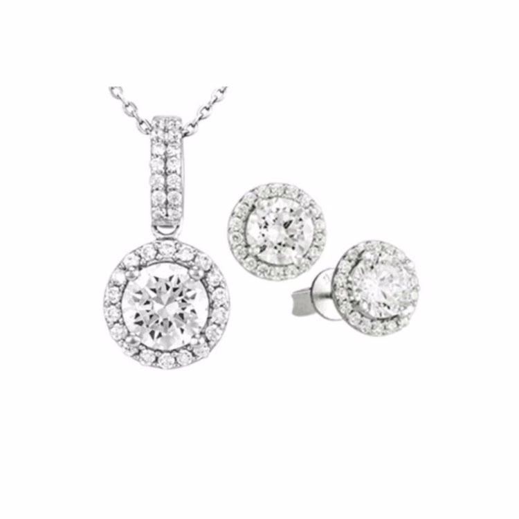 Antwerp Beautiful Sterling Silver CZ Round Halo Earrings and Necklace Set