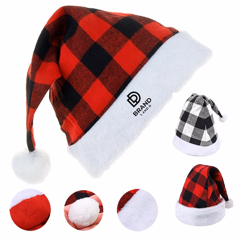 Polyester Christmas Decorations Hat Black Red Plaid Hat Winter Christmas Hat