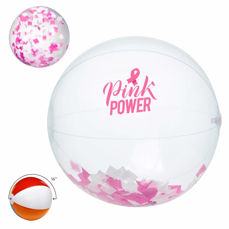 16" Pink and White Confetti Filled Round Beach Ball