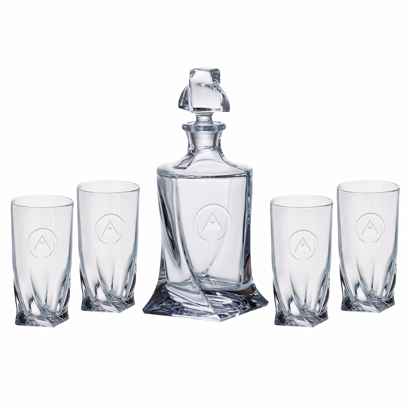 Quadro Decanter (28.75 oz.) with Four Matching (11.75 oz.) Quadro Highball Glasses (5 Piece Set)