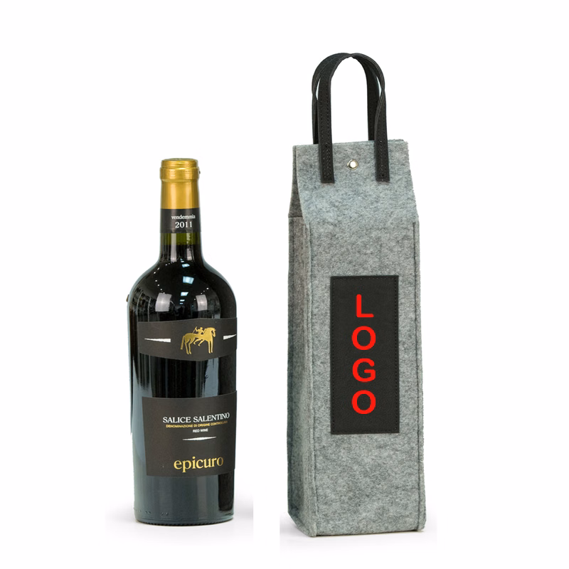 Grey Felt Single Wine Caddy with Black Leatherette Handle