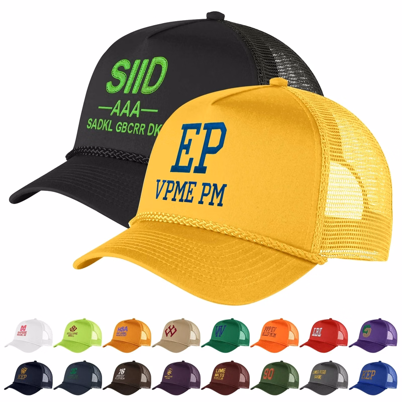 Structured 5 Panel Curved Bill Trucker Cap with Rope