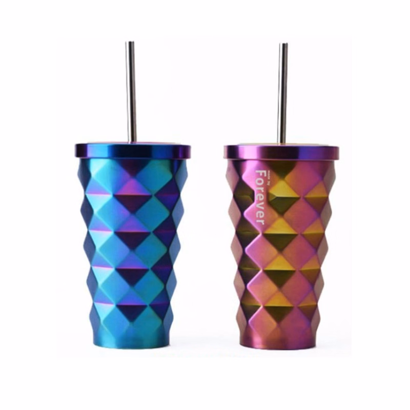 Electroplating Cup 16 Oz. Diamond Textured Tumbler w/Straw