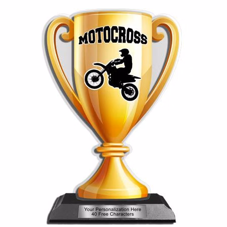 Acrylic Trophy: 6" Cup, Motocross Design, 3x5" Bla