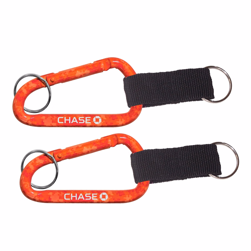 Red Camouflage carabiner with split key ring and nylon strap