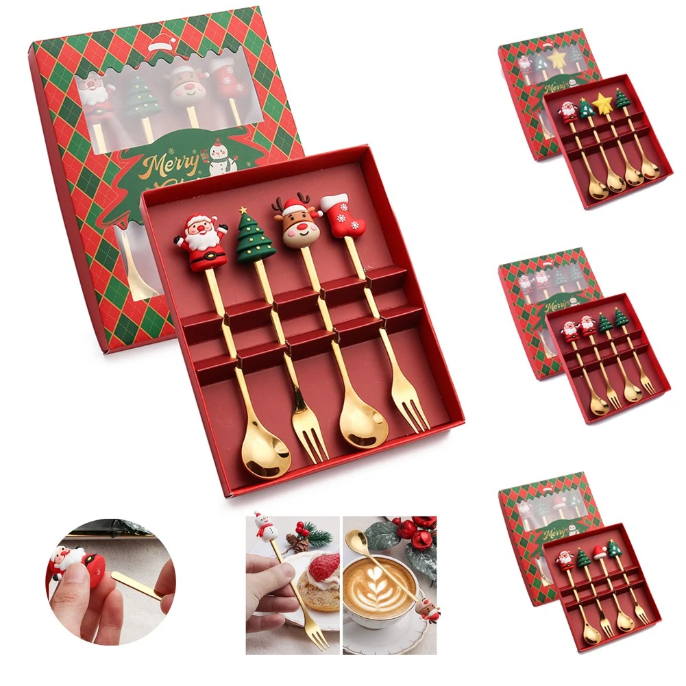 Cartoon Santa Claus Cute Spoon and Fork Set Stainless Gold Silverware Cutlery Set 1