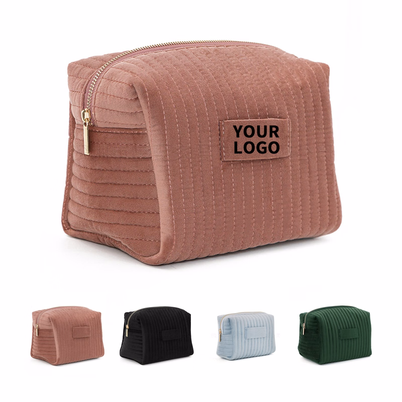 Quilted Velvet Cosmetic Organizer With Gold Zipper 8.66" x 5.9" x 6.3"