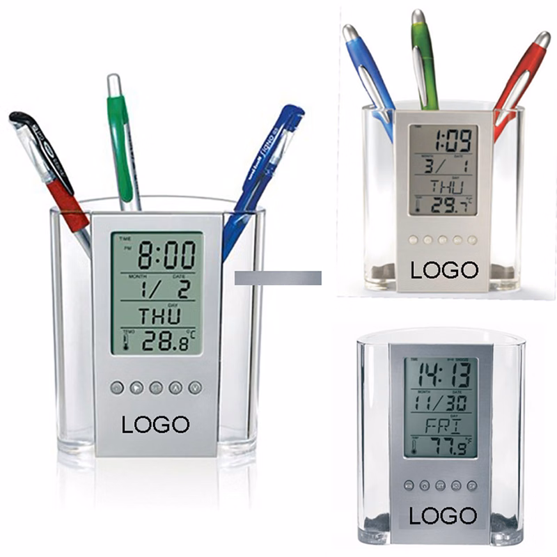 Pen Holder with Digital Clock Transparent Construction