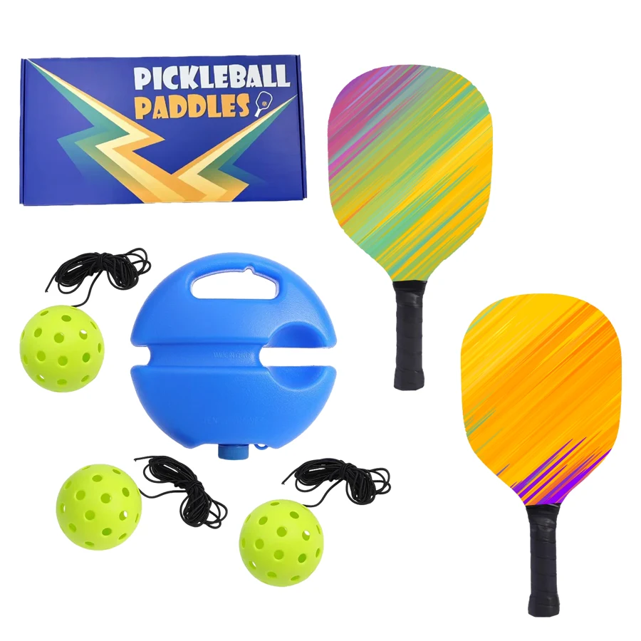 Wooden Pickleball Set w/ Rebound Trainer & Colorful Box 1