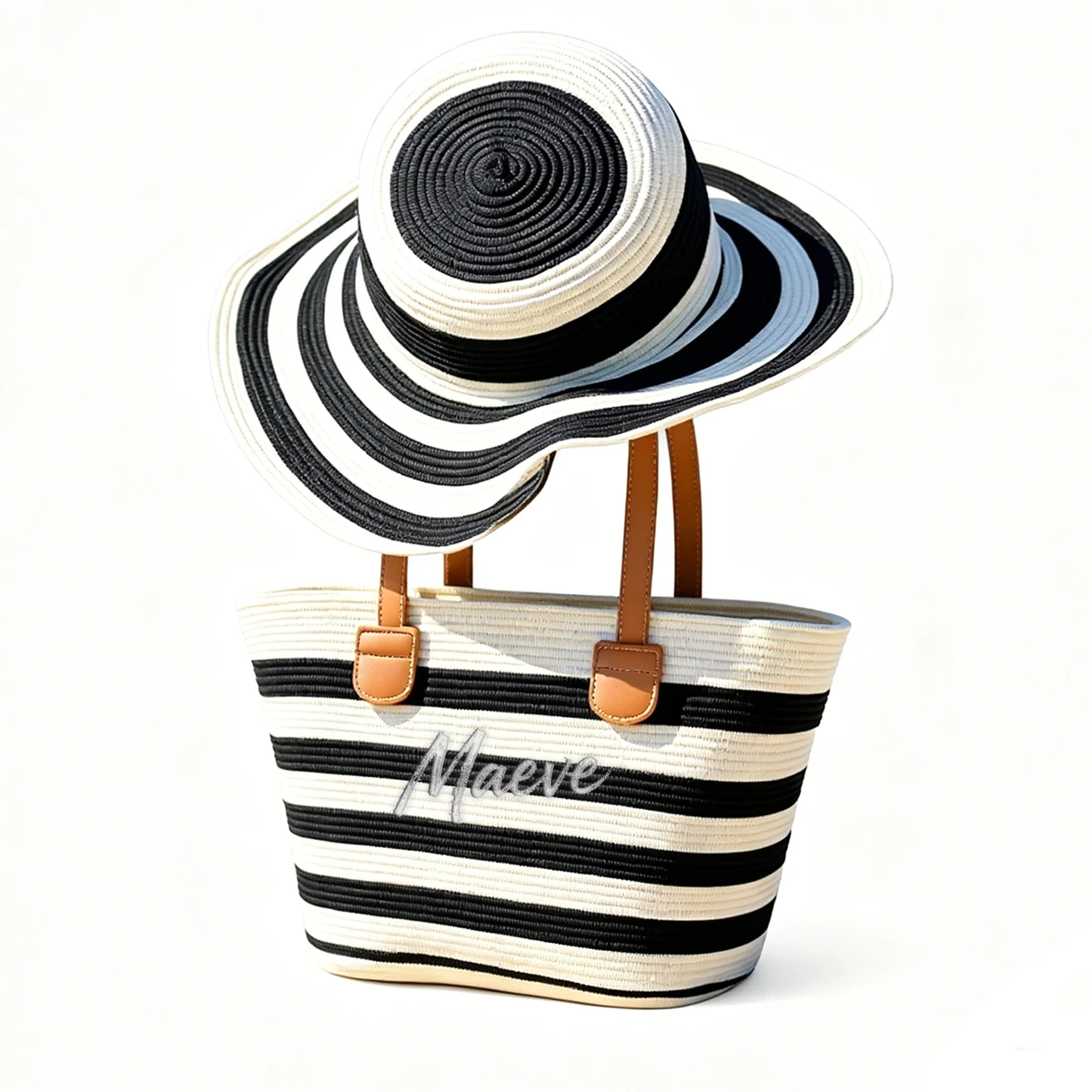 Striped Wide Brim Straw Hat Tote Set 1