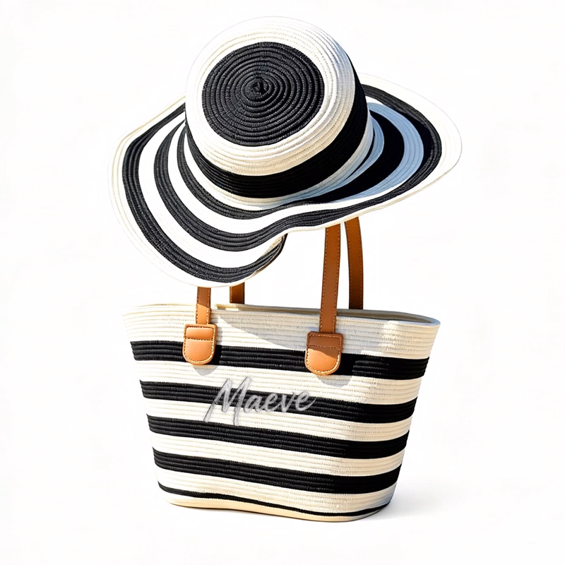 Striped Wide Brim Straw Hat Tote Set