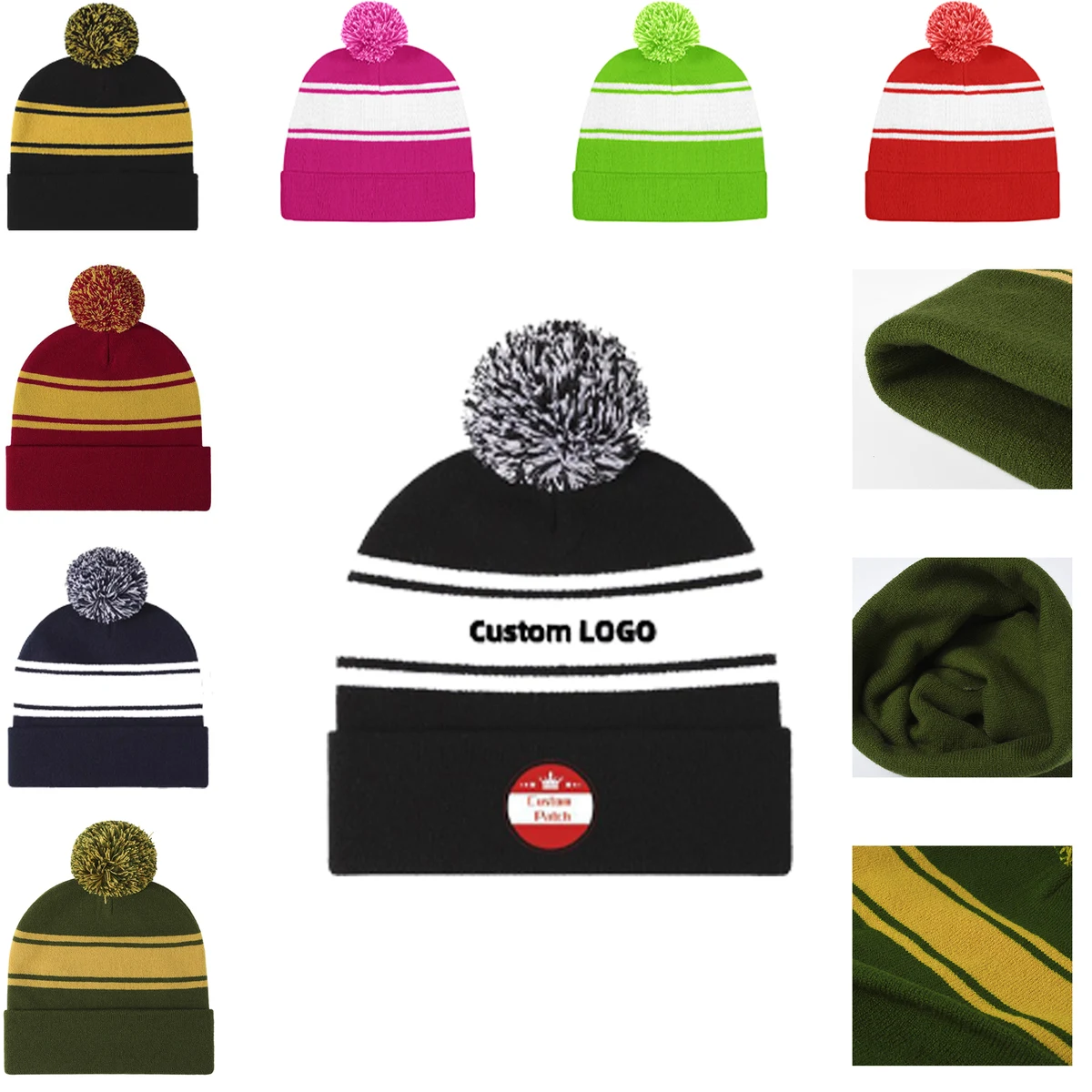 Two-Tone Knit Pom Snug Wide Cuffed Ball Beanie Cap 1
