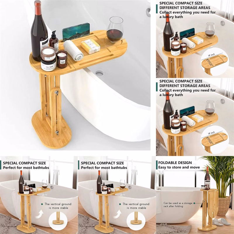 Bamboo Bathtub Tray Table with Adjustable Height