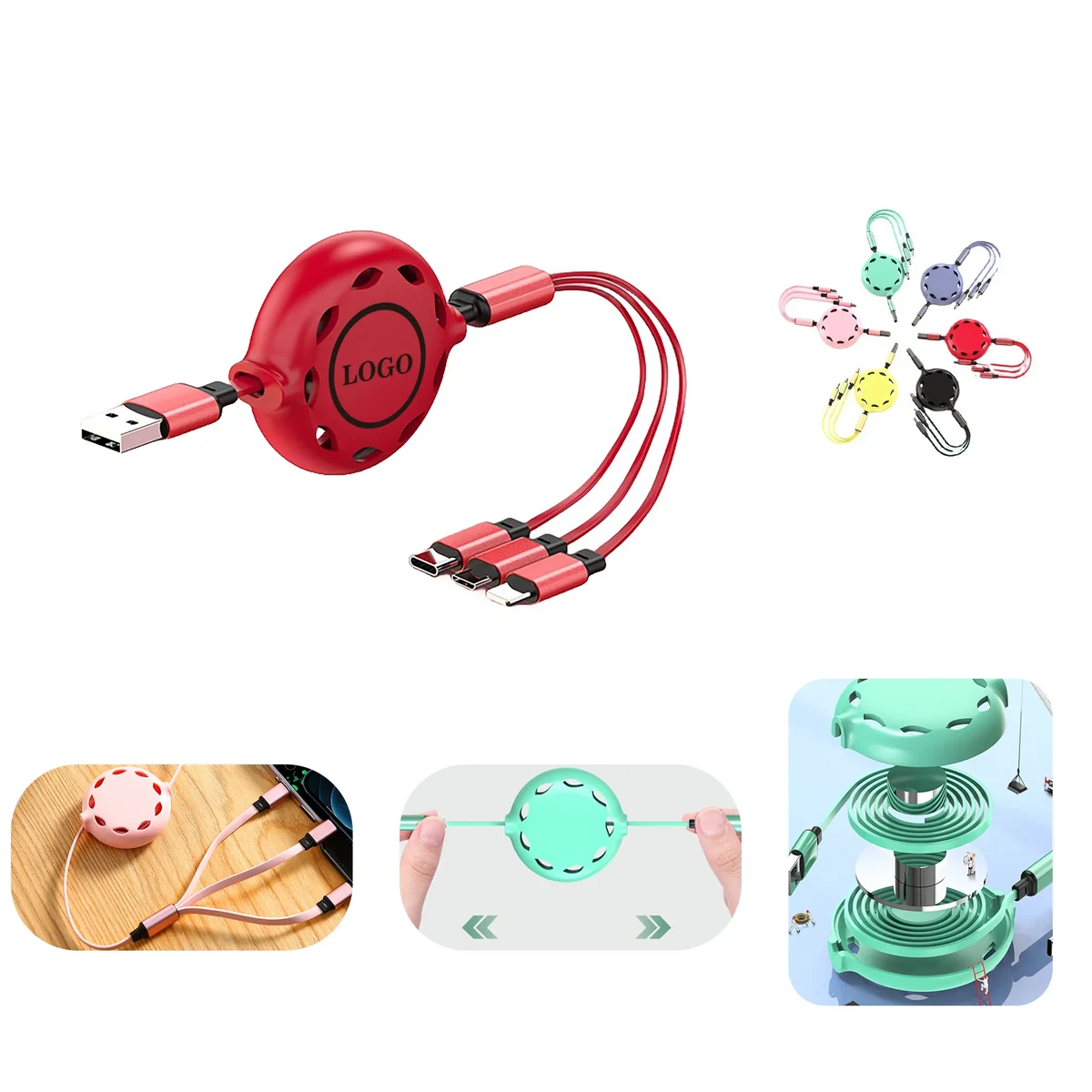 Custom Retractable 3in1 Multi USB Charging Cable 2A 1