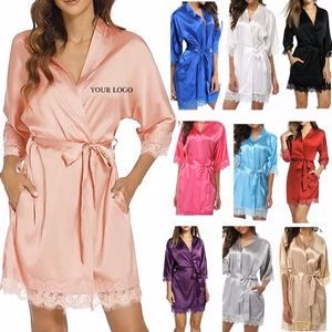 Women's Sexy Lace Lingerie Solid Color Belt Bathrobe Short Sleeved Nightgown