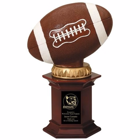 Football resting on a rosewood stained resin pedestal.