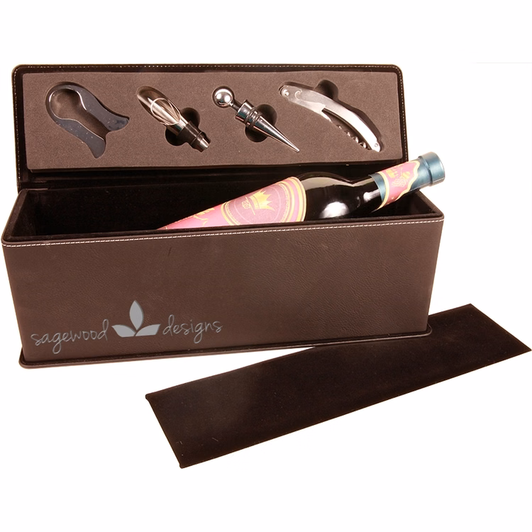 Leatherette Single Wine Box With Tools - Black/Engraves Silver