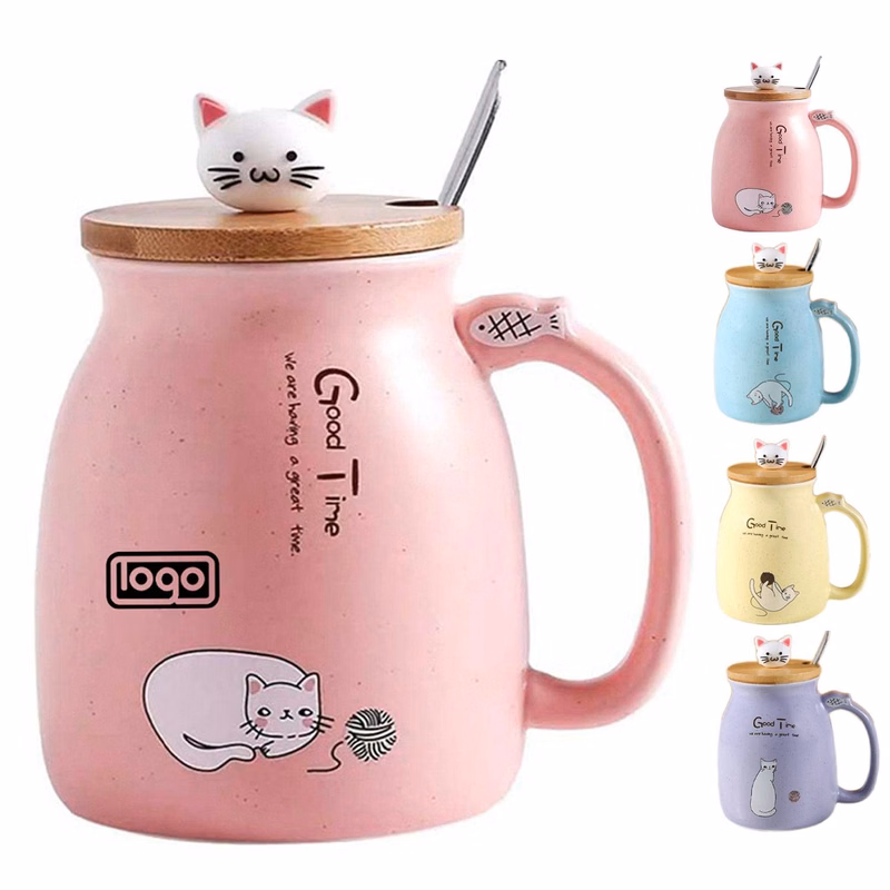 15oz Wooden Lid Cat Ceramic Mug w/ Spoon