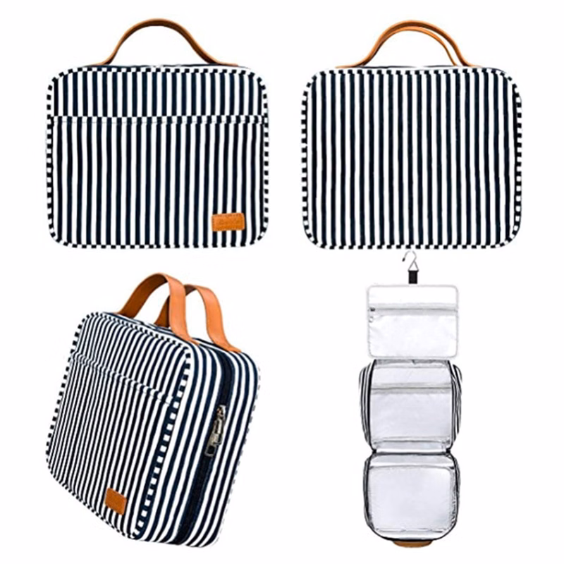 High Capacity Foldable Navy White Stripe Toiletry Bag